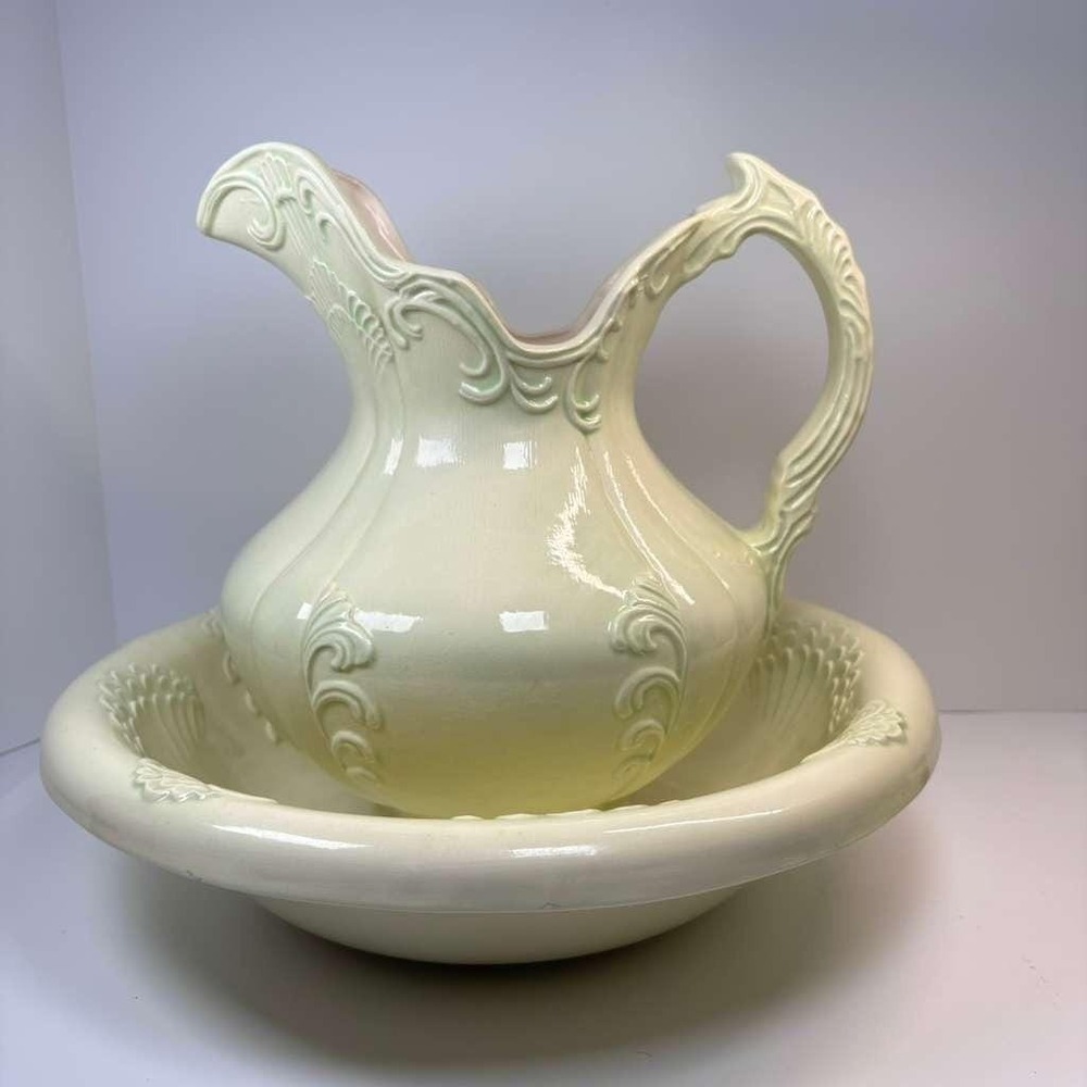 Vintage Porcelain Wash Basin Bowl And Pitcher Off White Ceramic Handmade READ